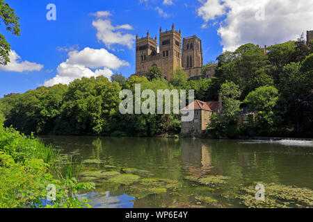 Durham Cathedral über dem Fluss Wear und der alten Fulling Mill, ein UNESCO-Weltkulturerbe, Durham, County Durham, England, UK. Stockfoto