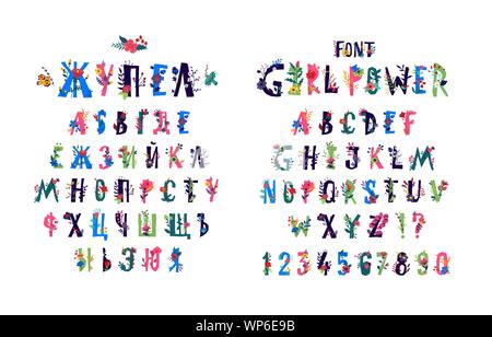 Englische Alphabet in Blumen und Pflanzen. Vektor. Font Girl Power. Lateinische Buchstaben in dekorative Elemente. Russische Alphabet. Kyrillisch. Briefe für inscrip Stock Vektor