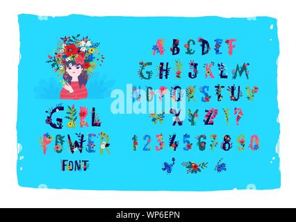 Englische Alphabet mit Blumen und Pflanzen. Vektor. Font Girl Power. Mädchen in einem Kranz, das Bild von Frühling und Sommer. Dekorative Elemente für den Store, c Stock Vektor