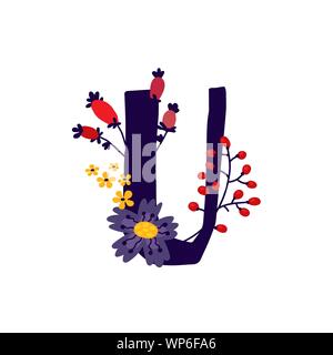 Lateinischer Buchstabe U in Blumen und Pflanzen. Vektor. Schreiben in der dekorativen Elemente für Inschriften. Firmenlogo. Plakat oder Monogramm. Stock Vektor
