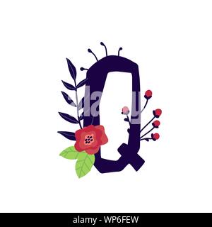 Lateinischer Buchstabe Q in Blumen und Pflanzen. Vektor. Schreiben in der dekorativen Elemente für Inschriften. Firmenlogo. Plakat oder Monogramm. Stock Vektor