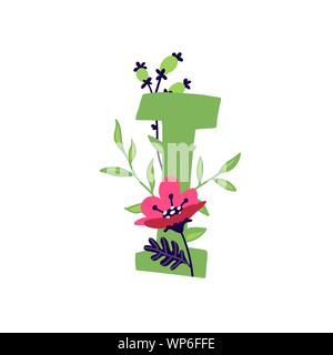 Lateinischer Buchstabe I in Blumen und Pflanzen. Vektor. Schreiben in der dekorativen Elemente für Inschriften. Firmenlogo. Plakat oder Monogramm. Stock Vektor
