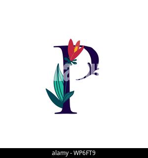 Lateinischer Buchstabe P in Blumen und Pflanzen. Vektor. Schreiben in der dekorativen Elemente für Inschriften. Firmenlogo. Plakat oder Monogramm. Stock Vektor