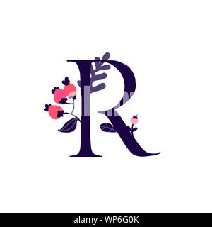 Lateinischer Buchstabe R in Blumen und Pflanzen. Vektor. Schreiben in der dekorativen Elemente für Inschriften. Firmenlogo. Plakat oder Monogramm. Stock Vektor
