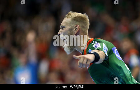 Magdeburg, Deutschland. 07 Sep, 2019. Handball: Bundesliga, SC Magdeburg - THW Kiel, 4. Spieltag. Matthias Musche aus Magdeburg jubelt nach einem Treffer. Credit: Ronny Hartmann/dpa-Zentralbild/dpa/Alamy leben Nachrichten Stockfoto