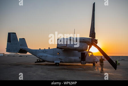 Eine Crew Chief mit Marine Medium Tiltrotor Squadron (VMM) 364, Special Purpose Marine Air-Ground Task Force-Crisis Antwort angehängt - Air Combat Element 19,2, inspiziert ein MV-22 Osprey vor der Logistik Mission in Kuwait, Sept. 4, 2019. Ein Marine Air Ground Task Force wurde speziell dafür entwickelt, in der Lage, Bereitstellung von Luft, Boden und Logistik Kräfte in einem Augenblick. (U.S. Marine Corps Foto von Sgt. Kyle C. Talbot) Stockfoto