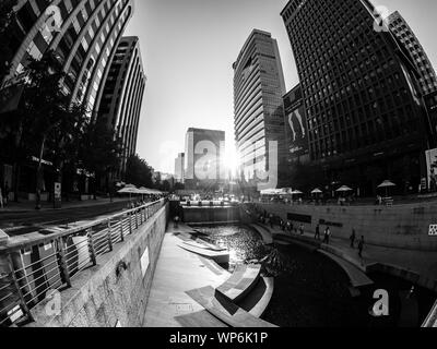 Seoul, Südkorea - Juni 3, 2017: Menschen zu Fuß entlang Cheonggyecheon Strom in Seoul, Südkorea. Fisheye Bild Stockfoto