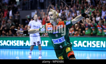 Magdeburg, Deutschland. 07 Sep, 2019. Handball: Bundesliga, SC Magdeburg - THW Kiel, 4. Spieltag Matthias Musche aus Magdeburg cheers. Credit: Ronny Hartmann/dpa-Zentralbild/dpa/Alamy leben Nachrichten Stockfoto