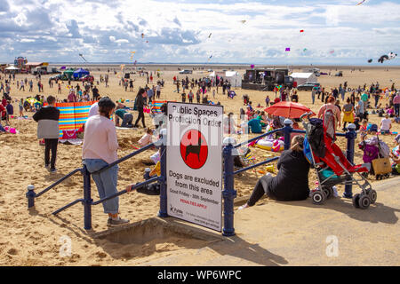 Lytham St Annes on Sea, Lancashire. UK Wetter. 7. September 2019. Die neu festgelegten Lytham Kite Festival erhält unterwegs auf den unberührten Stränden von The Fylde coast. Das Display Teams waren konfrontiert mit Licht onshore Wind zu Beginn des Spektakels ist der Tag, als Tausende von Menschen werden voraussichtlich im Herbst Veranstaltung zu besuchen. Kredit; Quelle: MediaWorldImages/Alamy leben Nachrichten Stockfoto