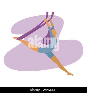 Vector Illustration eines schlanken Mädchen üben, Yoga. Aero stretching Yoga Asana. Cartoon Illustration von anti Schwerkraft, Fliegen oder Antenne yoga Pose o Stock Vektor