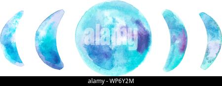 Phasen des Mondes, Vektor und Aquarell Zeichnung mit den Phasen der einwachsen, abnehmend, und Vollmond in Teal Blue Stock Vektor