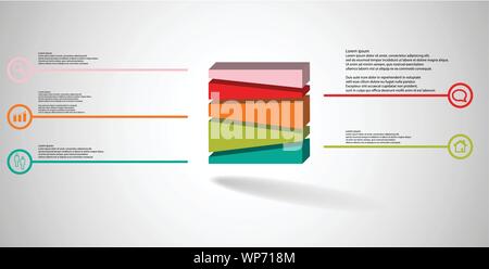 3D-Illustration Infografik Vorlage. Die geprägte Würfel wird nach dem Zufallsprinzip in fünf Teile unterteilt. Objekt ist auf grau weiß Hintergrund angeordnet. Linien mit sig Stock Vektor