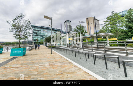 Eine Ansicht des MediaCityUK in Salford Quays, Salford, Manchester, UK. Am 7. September 2019 aufgenommen. Stockfoto