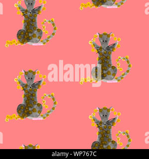 Nahtlose Muster mit Weihnachten Ratte halten helle Girlande Lichter. Aquarell Abbildung: Sternzeichen Tier auf rosa oder roten Hintergrund. Neues Jahr wrappi Stockfoto