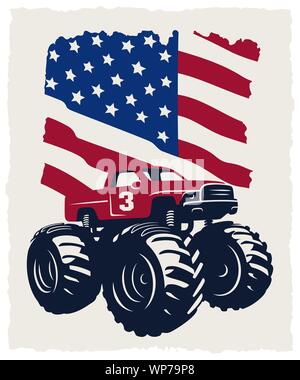 Monster Truck und USA-Flagge. Vintage Vector Illustration mit grunge Textur Stock Vektor
