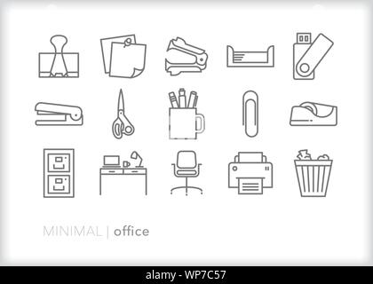 Satz von 15 office line Ikonen der Schreibtisch Zubehör und Werkzeuge Stock Vektor