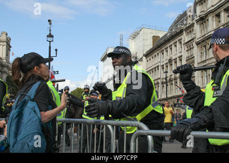 London, Großbritannien. 7. September 2019 - eine probrexit Demonstranten exchnge Worte mit einem Polizei Oficer am Parliament Square als anti Brexit Demonstranten am Parliament Square für Anti-Brexit Kundgebung versammelt. Ein Paar von Pro-Brexit counter-Demonstranten versuchten, die Kundgebung zu stören und die anti-Brexit Demonstranten provozieren durch marschieren durch die Masse halten ein Banner anspruchsvolle Großbritannien zu den WTO-Regeln zurückkehrt. Fotos: David Mbiyu/Alamy leben Nachrichten Stockfoto