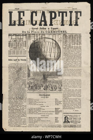 Le captif, Grand Ballon à Vapeur, de la Place du Carrousel; Werbung Ankündigung captive Henri Giffard's Ballon aufstieg auf der Place du Carrousel, Paris. Beschreibt Giffard's vorherigen Aufstieg in den Tuilerien 1878 und enthält ein Bild von einem Fesselballon. Text auf der Rückseite ist eine Werbung für die Shirts.; Stockfoto