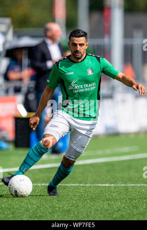 HENDRIK Ido Ambacht, Niederlande. 07 Sep, 2019. Fußball, Niederländische tweede divisie, Saison 2019-2020, Scheveningen Spieler Mehmet Aldogan, während des Spiels ASWH - Scheveningen, Kredit: Pro Schüsse/Alamy leben Nachrichten Stockfoto