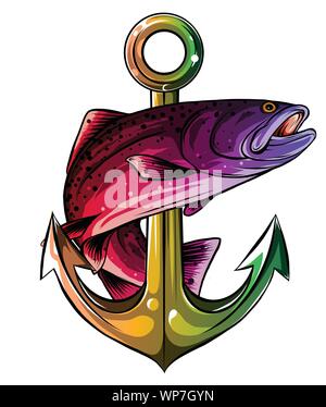 Anker und Fische vector Abbildung: Weißer Hintergrund Stock Vektor