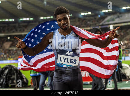 Brüssel - Belgien - Sep 6: Noah Lyles (USA) feiert seinen 200 m Gewinn während der iaaf Diamond League Memorial Van Damme am King Baudouin: Stockfoto