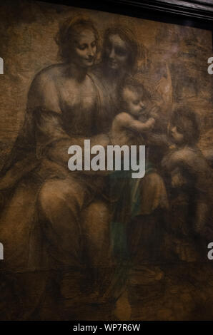 Die Jungfrau und Kind mit Saint Anne und Johannes dem Täufer, manchmal genannt das Burlington House Cartoon, ist eine Zeichnung von Leonardo da Vinci. Stockfoto