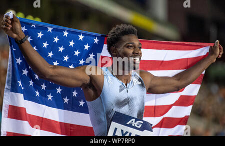 Brüssel - Belgien - Sep 6: Noah Lyles (USA) feiert seinen 200 m Gewinn während der iaaf Diamond League Memorial Van Damme am King Baudouin: Stockfoto