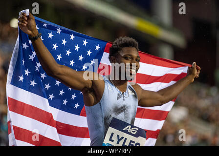 Brüssel - Belgien - Sep 6: Noah Lyles (USA) feiert seinen 200 m Gewinn während der iaaf Diamond League Memorial Van Damme am King Baudouin: Stockfoto