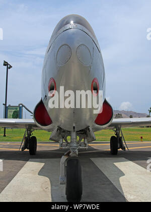 Vorderansicht der Lockheed P-80 Shooting Star Jet Fighter Aircraft aus der peruanischen Luftwaffe - FAP Stockfoto