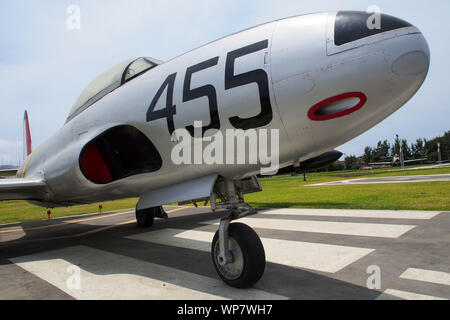 Vorderansicht der Lockheed P-80 Shooting Star Jet Fighter Aircraft aus der peruanischen Luftwaffe - FAP Stockfoto