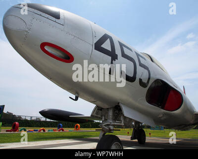 Vorderansicht der Lockheed P-80 Shooting Star Jet Fighter Aircraft aus der peruanischen Luftwaffe - FAP Stockfoto