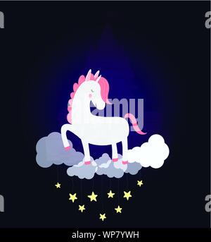 Lustige Einhorn schlafen auf Wolke mit Dream Castle Silhouette in den Nachthimmel mit glänzenden Sternen. Gute Nacht fantasy Hintergrund. White Pony schlafen Stanzen Stock Vektor