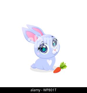 Süße Häschen mit Karotte isoliert auf weißem Hintergrund. Little Baby Kaninchen mit Kawaii große Augen Design Element für Baby Dusche Grußkarte. Lustige Fores Stock Vektor