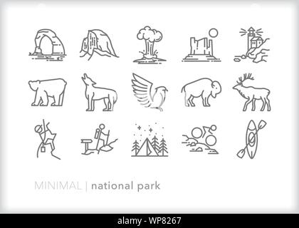 Satz von 15 National Park Zeile für Symbole für Touristen, Ausflügler, Wanderer und Camper Stock Vektor