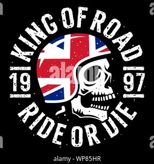 Schädel in Motorrad Helm, Flagge des Vereinigten Königreichs und der Slogan Typografie für t-shirt Design. T-Shirt drucken Grafiken zum Thema Motorrad Stock Vektor