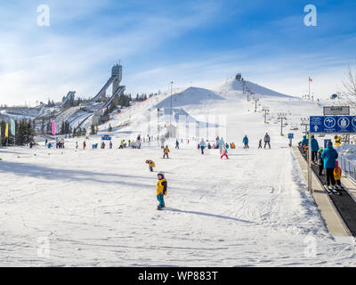 CALGARY, KANADA - MAR 1: Kinder lernen in Kanada Park am 1. März 2015 in Calgary, Alberta, Kanada Ski zu fahren. Sichtbar sind Kleinkinder in einer Pre-school Skiing Stockfoto