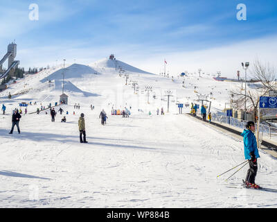 CALGARY, KANADA - MAR 1: Kinder lernen in Kanada Park am 1. März 2015 in Calgary, Alberta, Kanada Ski zu fahren. Sichtbar sind Kleinkinder in einer Pre-school Skiing Stockfoto