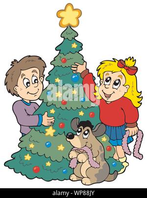 Zwei Kinder schmücken Weihnachtsbaum Stock Vektor