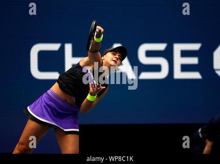 Flushing Meadows, New York, Vereinigte Staaten - 7 September 2019. Kanadas Bianca Andreescu, bei ihrem Sieg über Serena Williams bei den Frauen Finale bei den US Open in Flushing Meadows, New York. Stockfoto