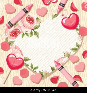 Vektor Valentine Herz Karte mit Süßigkeiten und Rosenblätter auf einem hölzernen Hintergrund. Stock Vektor