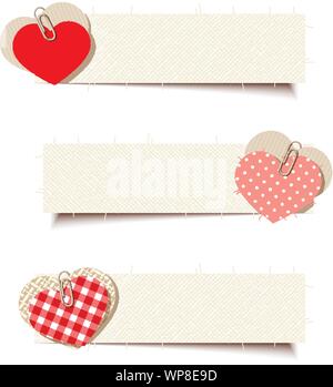 Der Vektor Valentine Banner mit Papier und Stoffgemustert Herzen. Stock Vektor