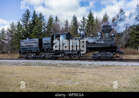 Lok Nr. 4 tuckert durch die trainyard an Cass Scenic Railroad State Park in Cass, West Virginia Stockfoto