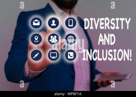 Schreiben Hinweis zeigt Vielfalt und Integration. Business Konzept für Bereich huanalysis Unterschied umfasst Rasse ethnische Zugehörigkeit Geschlecht Stockfoto