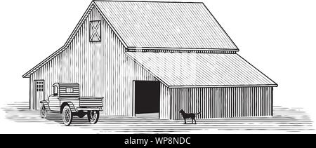 Holzschnitt Illustration einer Scheune mit einem Lkw und Hund im Vordergrund. Stock Vektor