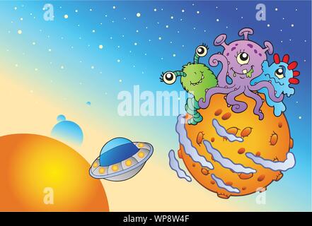 Spacescape mit drei niedlichen Aliens Stock Vektor