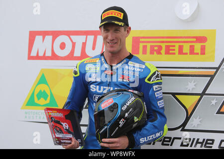 Winton, Victoria, Australien. 08.September 2019 - Australische Superbike WM Runde fünf aus Winton Motor Raceway - Insgesamt ASBK Runde Podium - 1. Platz #47 Wayne Maxwell Racing Team Suzuki Ecstar. Image credit-Brett Keating Alamy Leben Nachrichten. Stockfoto