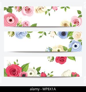 Satz von drei Vektor Web Banner mit Rot, Rosa, Blau und weiße Rosen, Lisianthus, Ranunculus Blumen und grüne Blätter. Stock Vektor