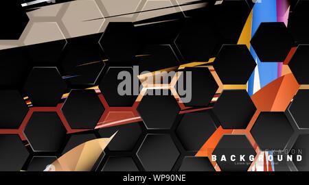 Schwarze Sechseck abstraktes Muster auf bunten Pinselstil Hintergrund Technologie. Wabe. Vector Illustration Stock Vektor