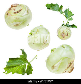 Verschiedene frische reife kohlrabi Weißkohl und Blätter auf weißem Hintergrund Stockfoto