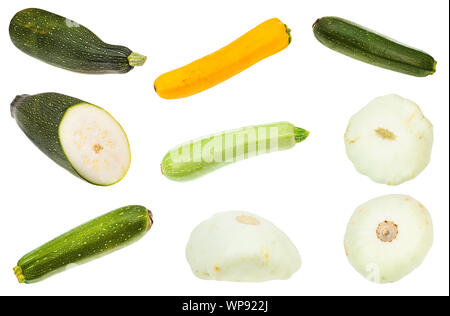 Verschiedene Kürbisse, Zucchini und Zucchini auf weißem Hintergrund Stockfoto